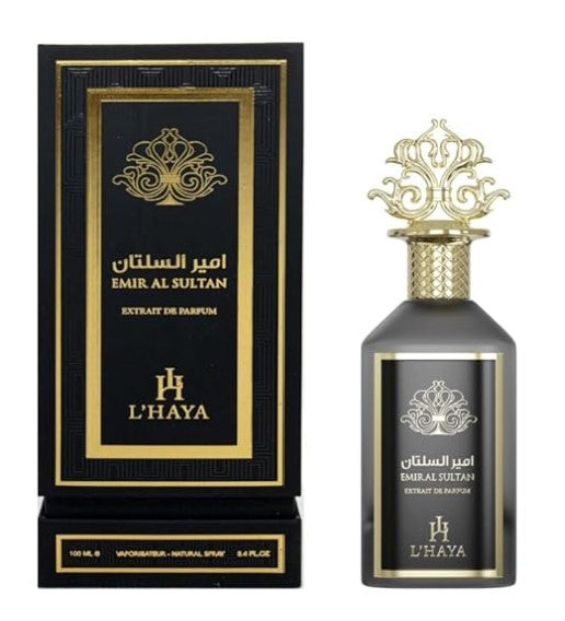 L'HAYA Emir Al Sultan Extrait De Parfum, fragancia de lujo, 3.4 fl oz, corona dorada